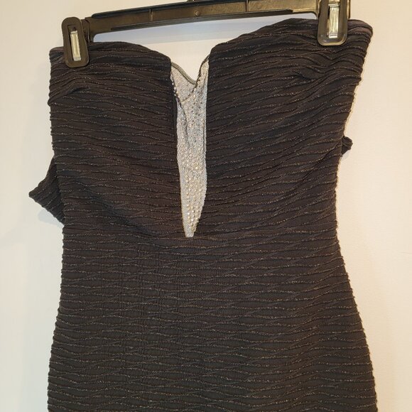 Tawny Strapless Black Mini Dress Mesh VNeck Plunge Crystal Embellishments Size S - Picture 6 of 7